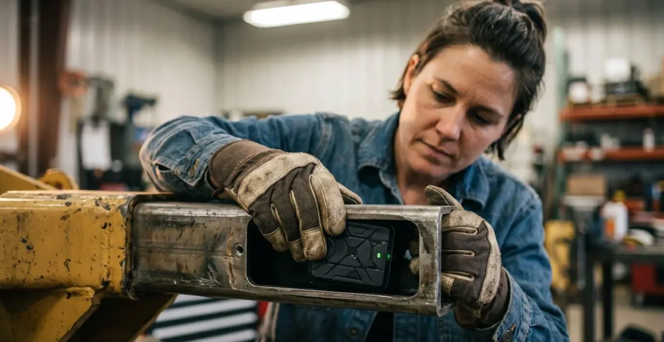 Medium shot photograph showing hands installing concealed GPS tracking device on heavy construction equipment frame
