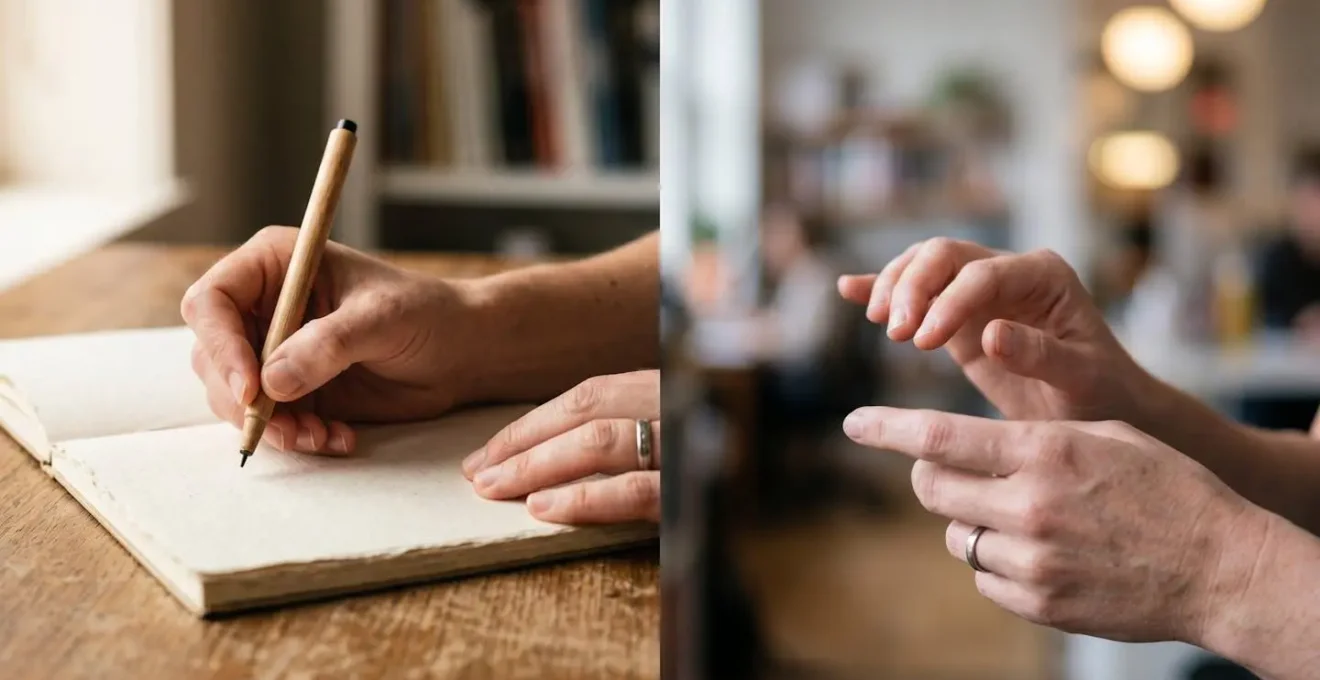 Hands engaged in focused creative work contrasted with a passive scrolling gesture