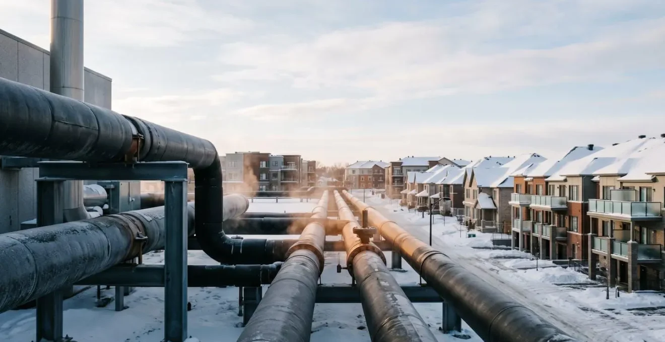 Thermal energy recovery system showing heat transfer from servers to residential buildings in cold climate