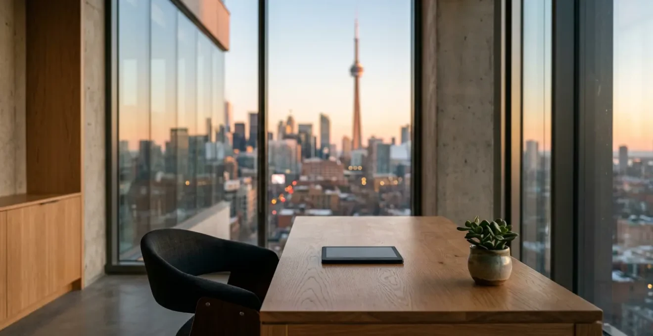 Executive mindfully disconnecting from technology in serene Canadian office environment
