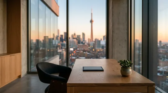 Executive mindfully disconnecting from technology in serene Canadian office environment