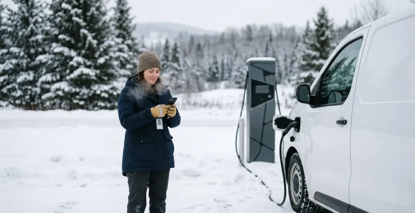 Electric commercial van at charging station during Canadian winter conditions with snow-covered landscape