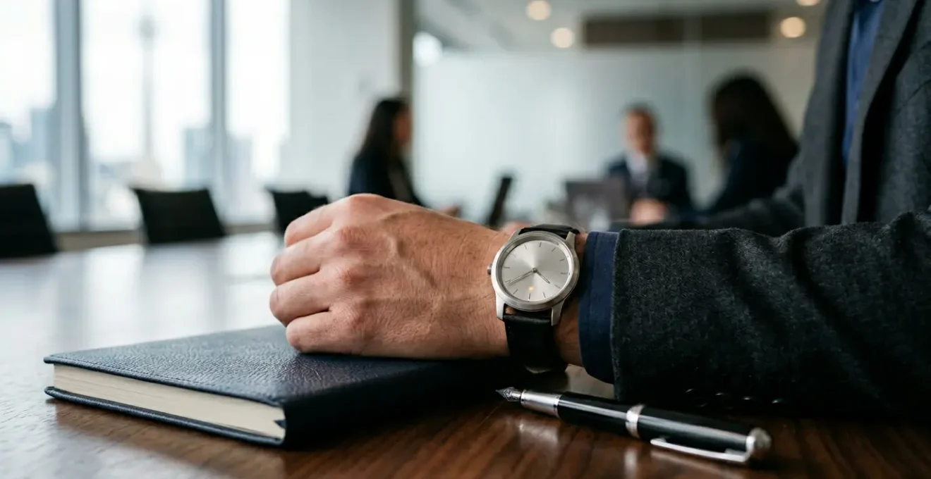 Executive wearing hybrid smartwatch in formal Canadian business setting balancing health technology with professional presentation