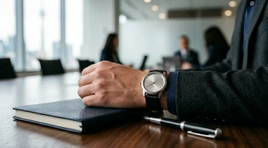 Executive wearing hybrid smartwatch in formal Canadian business setting balancing health technology with professional presentation