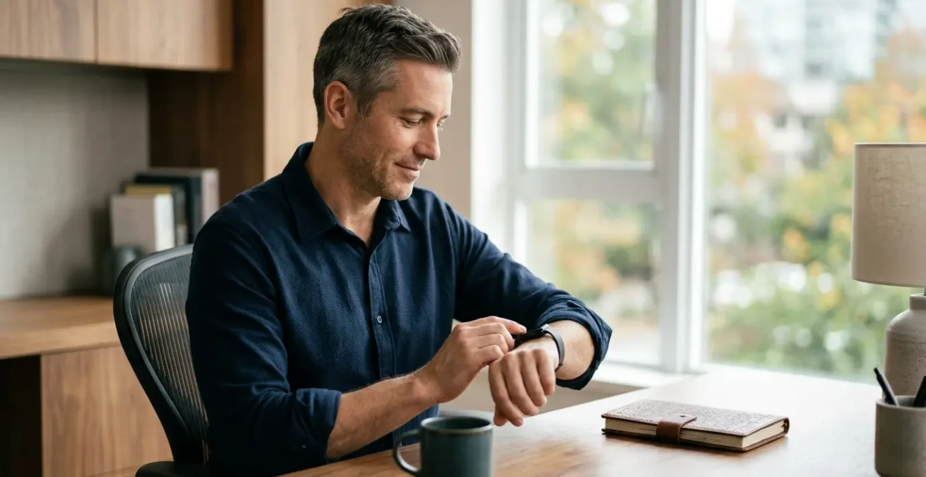 Executive professional reviewing health metrics from fitness wearable during morning routine