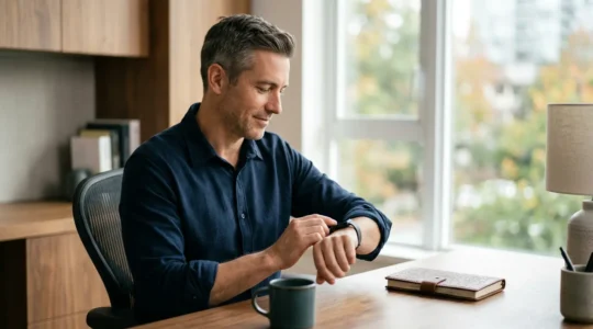 Executive professional reviewing health metrics from fitness wearable during morning routine