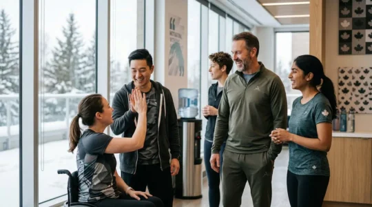 Dynamic corporate wellness challenge participants in collaborative fitness activity