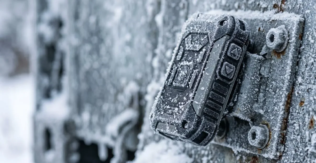 Close-up macro photograph showing GPS tracking device mounted on frozen metal equipment in harsh Canadian winter environment