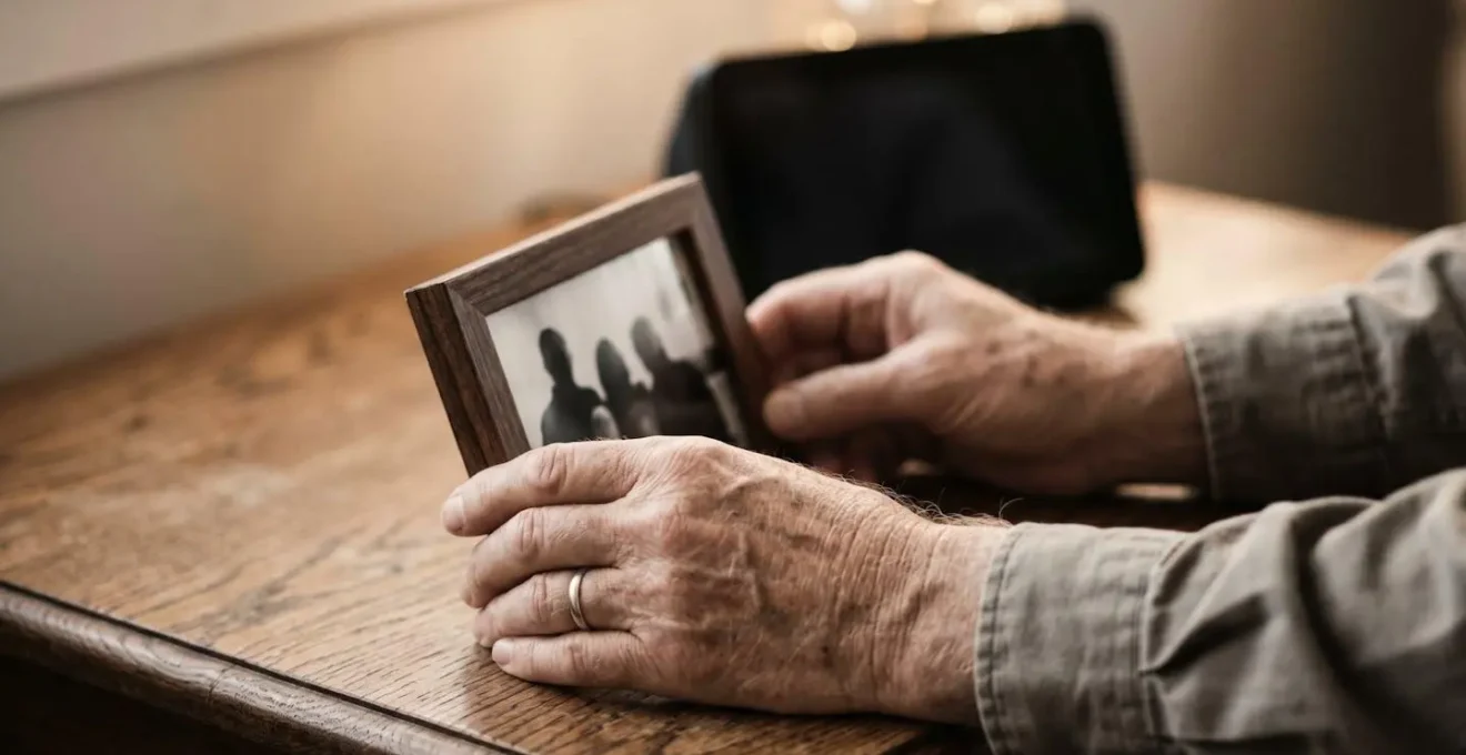 Close-up of senior hands placing family photo near smart display during video call setup