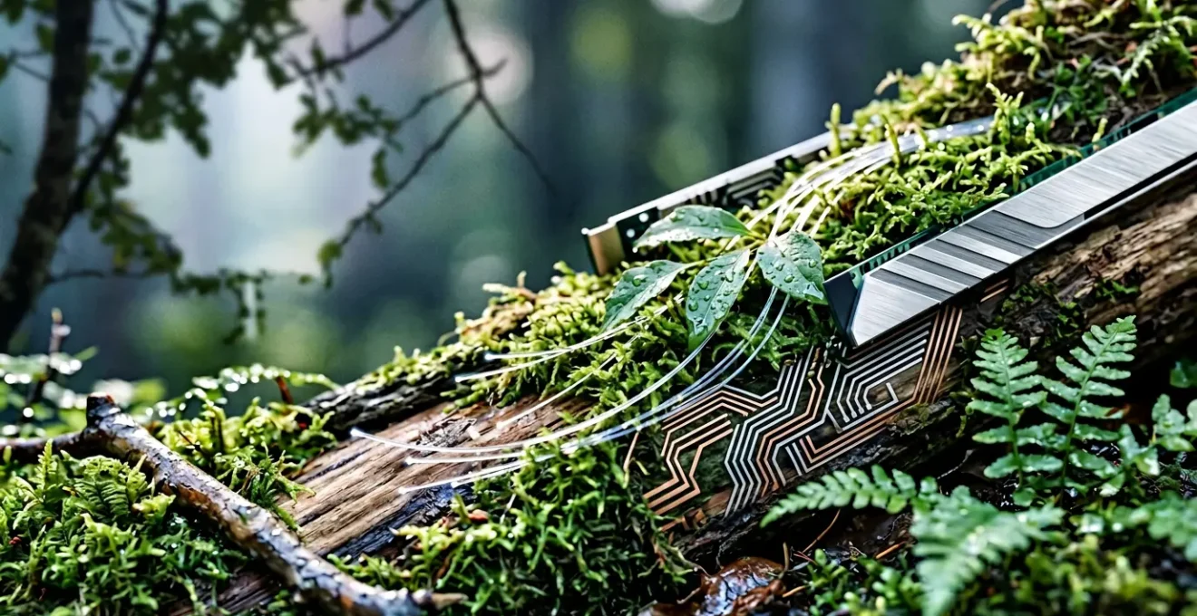 Professional editorial photograph depicting sustainable technology concept with natural energy elements