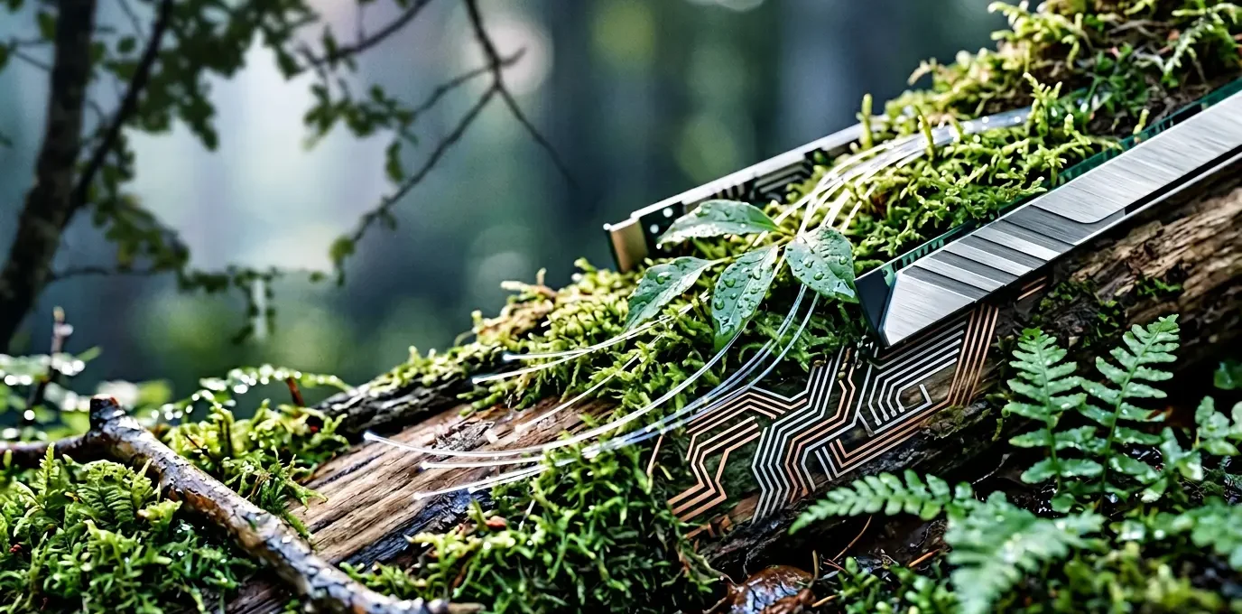 Professional editorial photograph depicting sustainable technology concept with natural energy elements