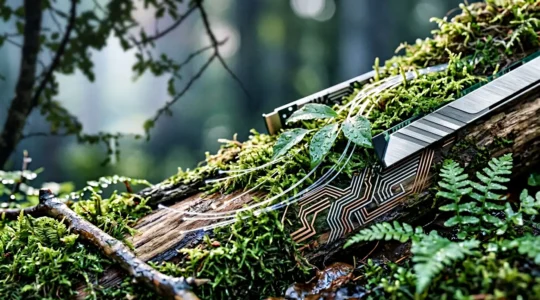 Professional editorial photograph depicting sustainable technology concept with natural energy elements