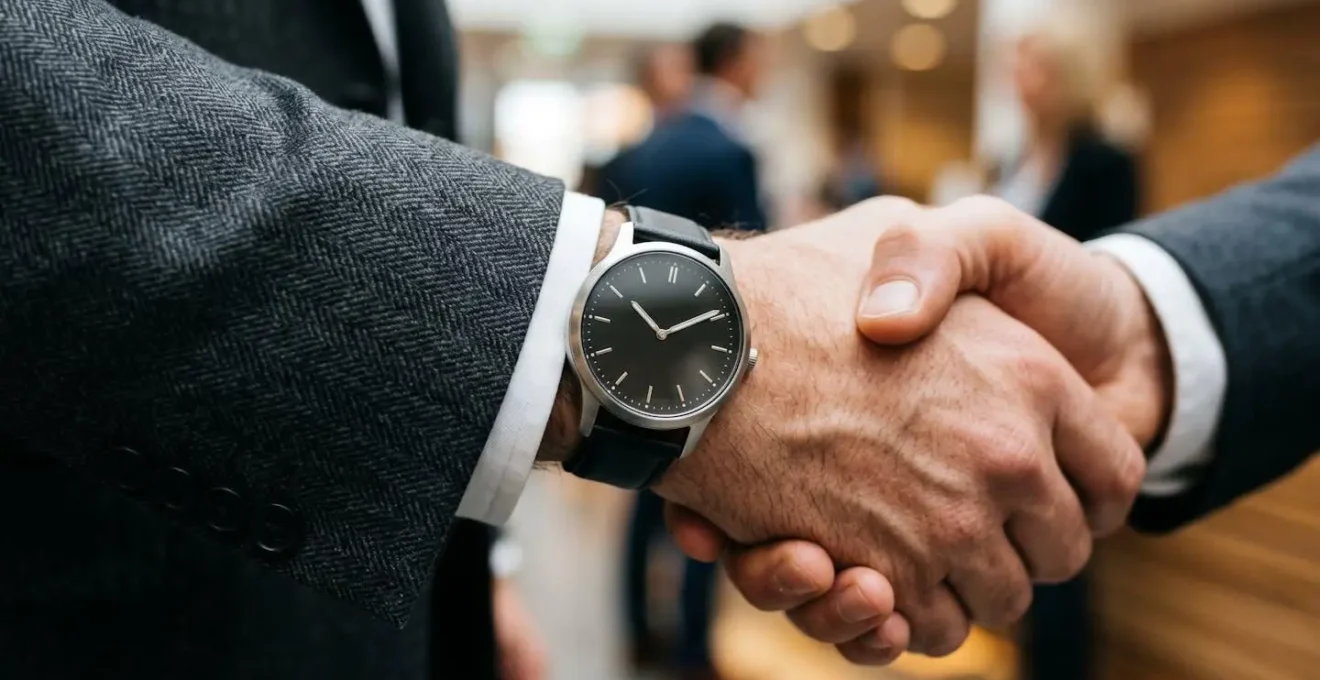 Close-up of a hybrid smartwatch with an analog watch face on an executive's wrist during a formal Canadian business interaction, representing classic elegance with digital intelligence.