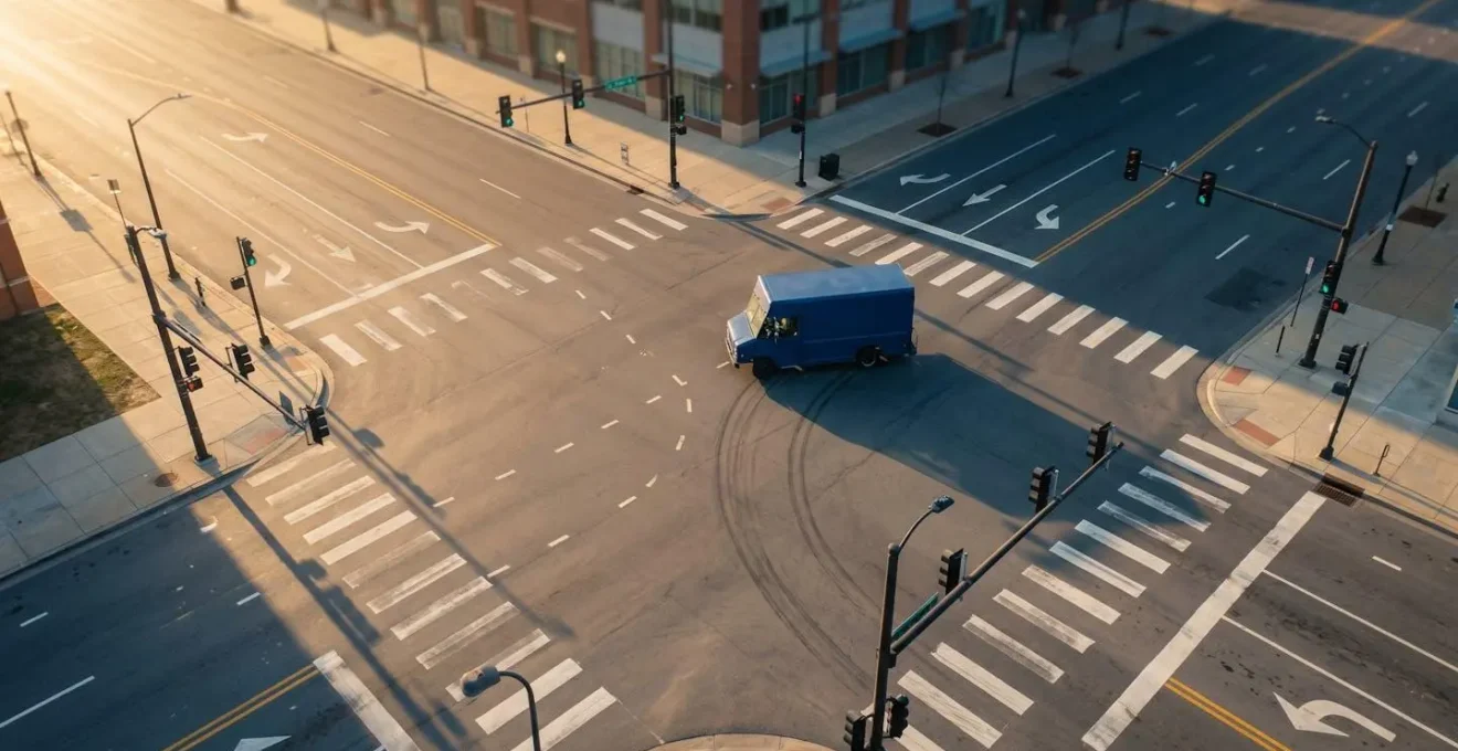 Overhead view of urban intersection showing efficient right-turn routing pattern for delivery operations