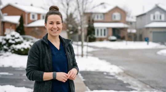 Professional worker in industrial environment wearing discreet personal safety wearable technology for lone worker protection