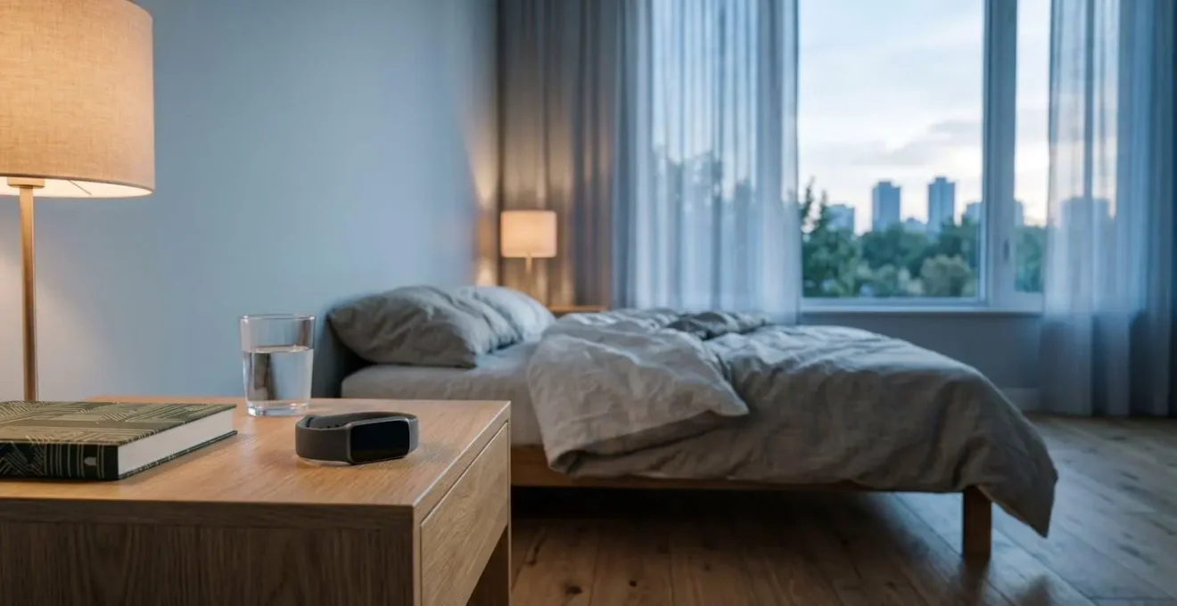 Tranquil bedroom scene with wearable device on nightstand during early morning hours