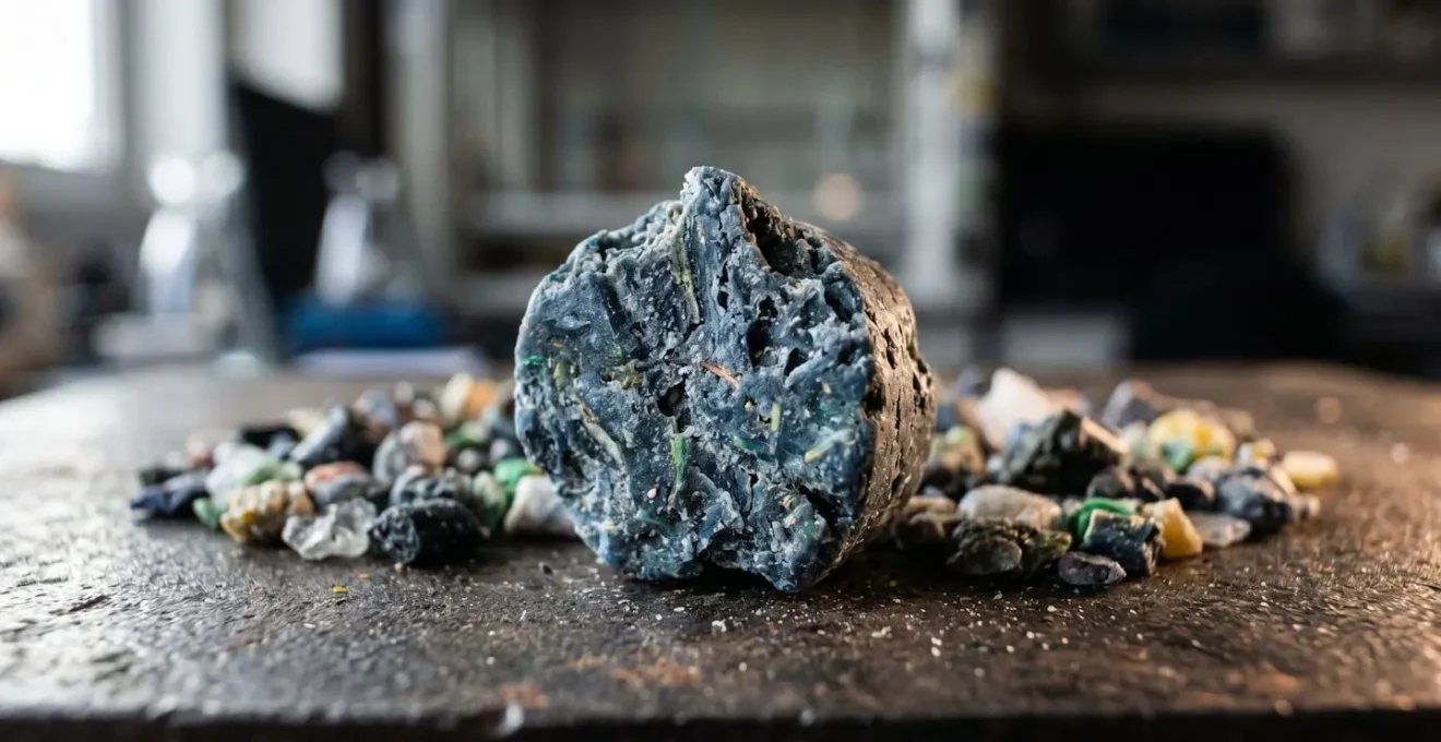 Close-up macro shot of recycled ocean plastic material texture showing authentication marker embedded in surface without text