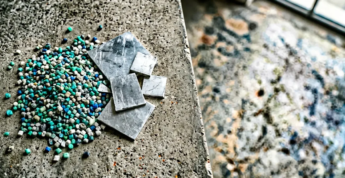 Professional overhead view showing authentic recycled plastic materials with natural speckled texture alongside pristine aluminum samples on minimal industrial surface
