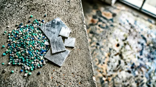 Professional overhead view showing authentic recycled plastic materials with natural speckled texture alongside pristine aluminum samples on minimal industrial surface
