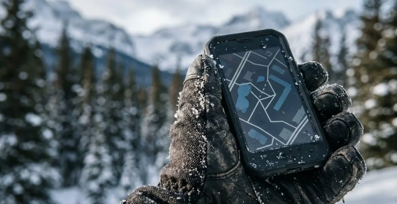 Smartphone displaying offline navigation map in remote Canadian wilderness setting