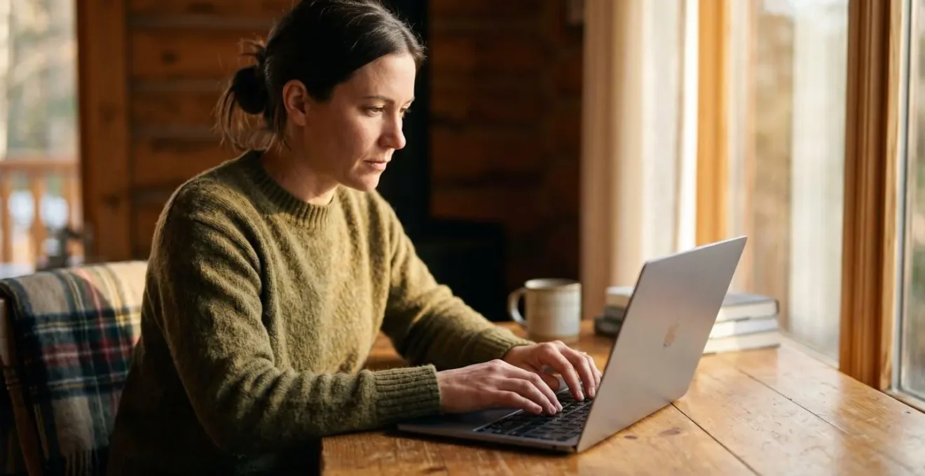 Laptop and monitor setup in cozy cabin workspace with UPS battery backup system