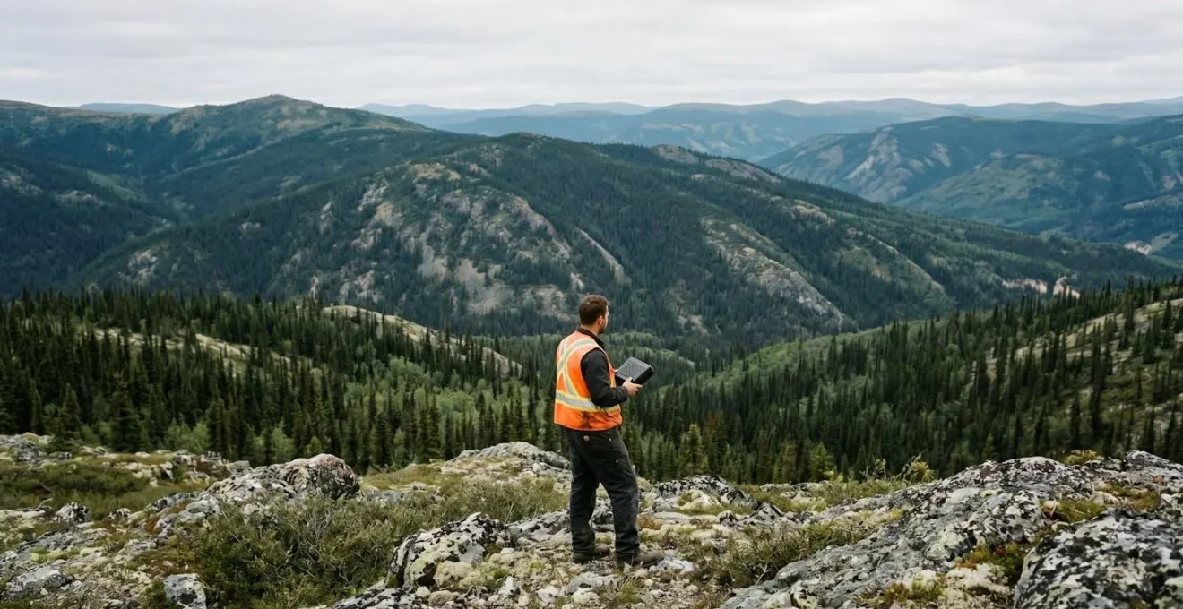 Wide environmental shot of lone worker in remote Canadian landscape with satellite communication device ensuring connectivity beyond cell towers