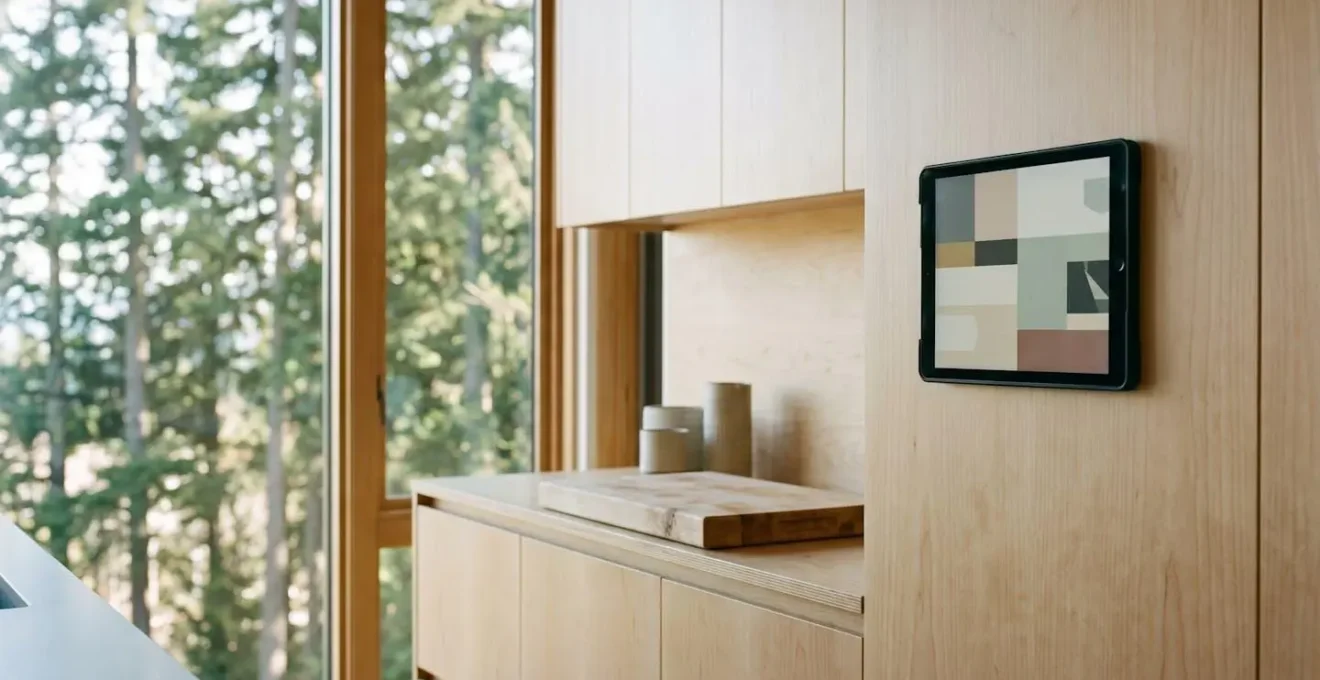 Wall-mounted tablet displaying recipe interface in modern Canadian kitchen with natural lighting and minimalist design