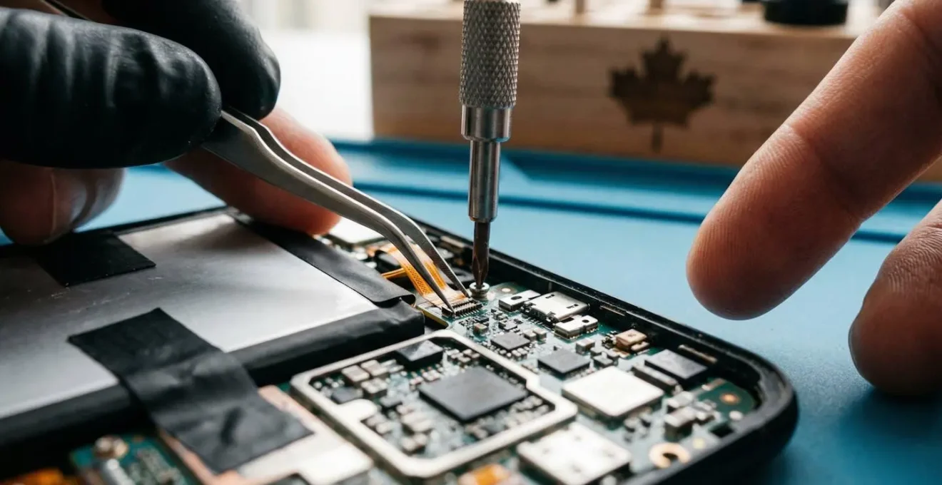 Close-up view of smartphone repair with precision tools showing battery replacement and circuit board maintenance in Canadian repair shop setting