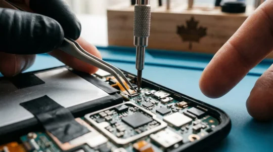 Close-up view of smartphone repair with precision tools showing battery replacement and circuit board maintenance in Canadian repair shop setting