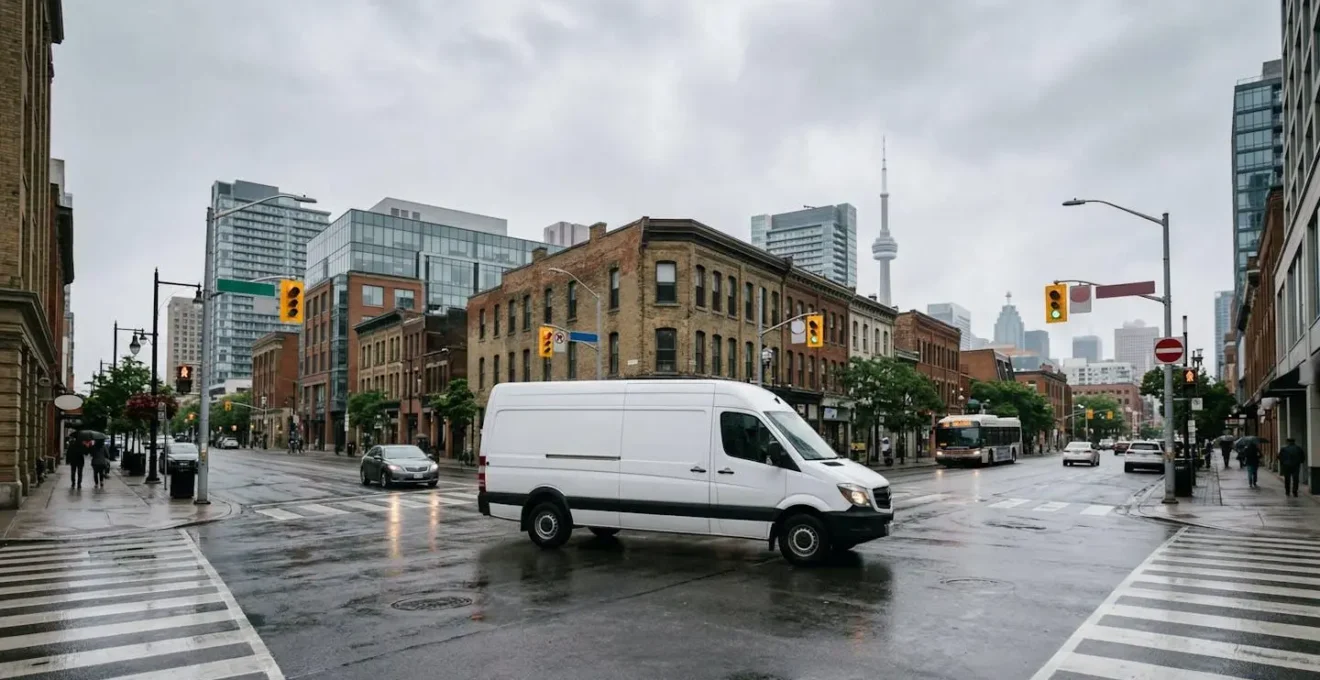 Commercial delivery van navigating through urban Canadian cityscape with optimized routing technology visualization