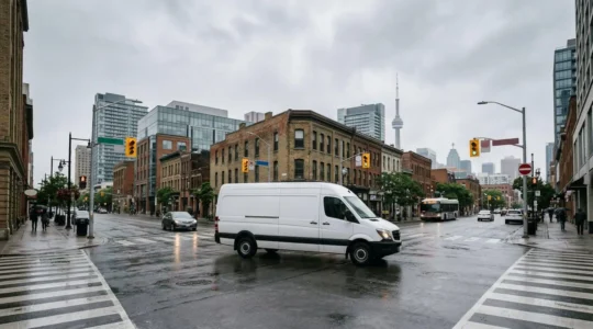 Commercial delivery van navigating through urban Canadian cityscape with optimized routing technology visualization