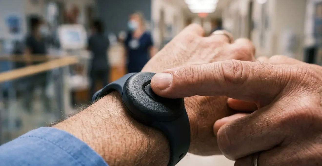 Close-up view of worker's hand discreetly activating silent alert safety device during tense workplace situation