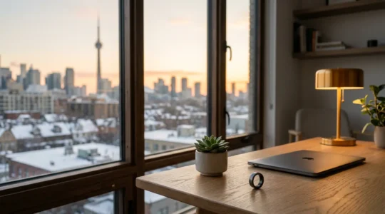 Professional sleep tracking technology meeting corporate wellness in modern Canadian workspace