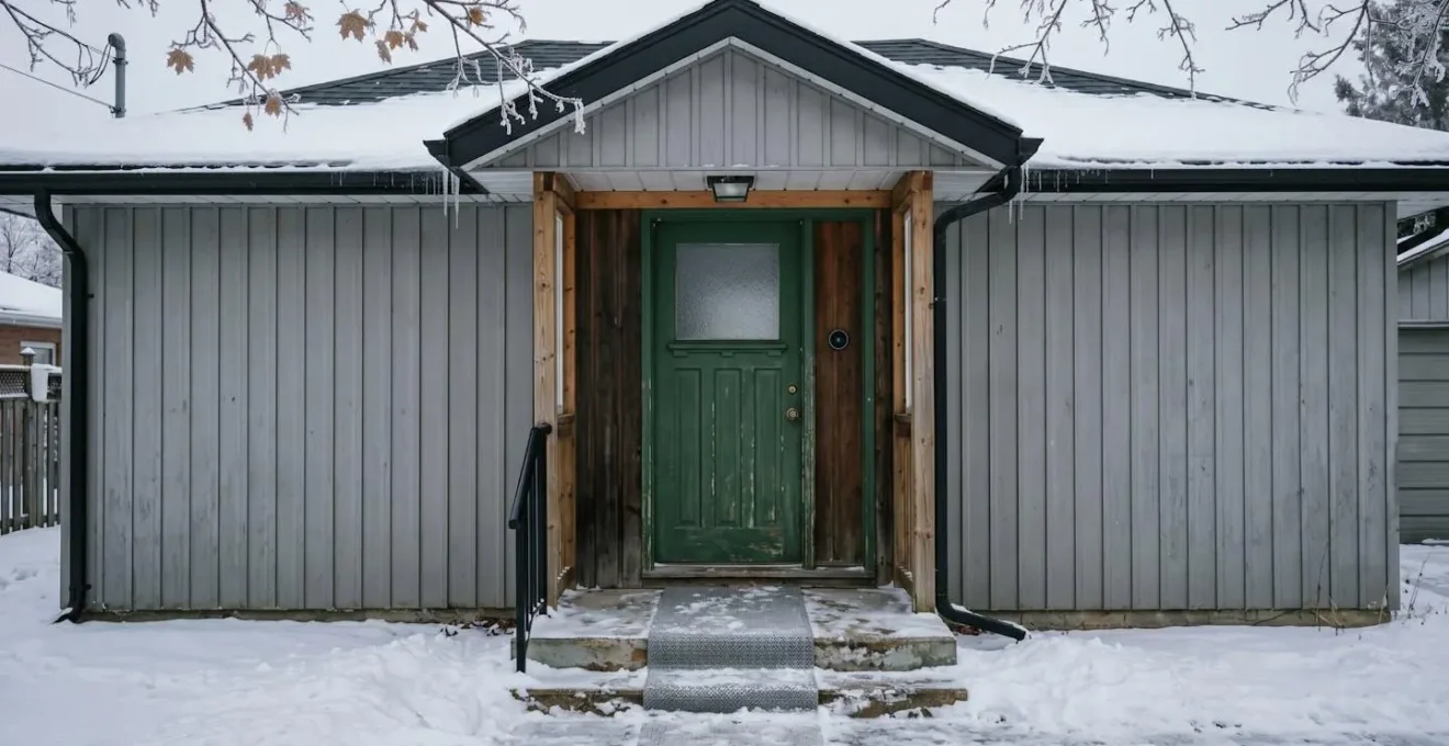 Wide view of Canadian home entrance with smart doorbell installed during winter conditions