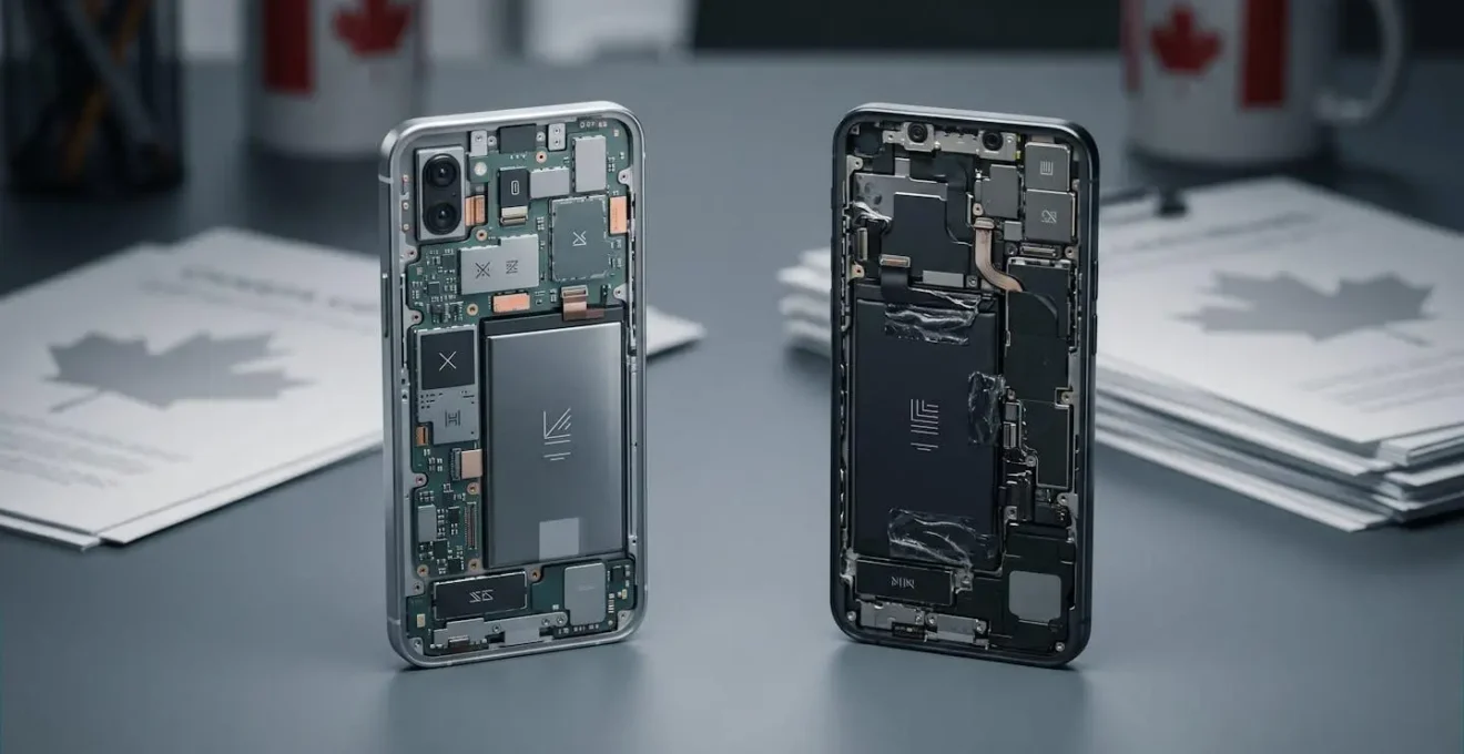 Side-by-side comparison of two modern smartphones with internal components visible showing different repair complexity levels