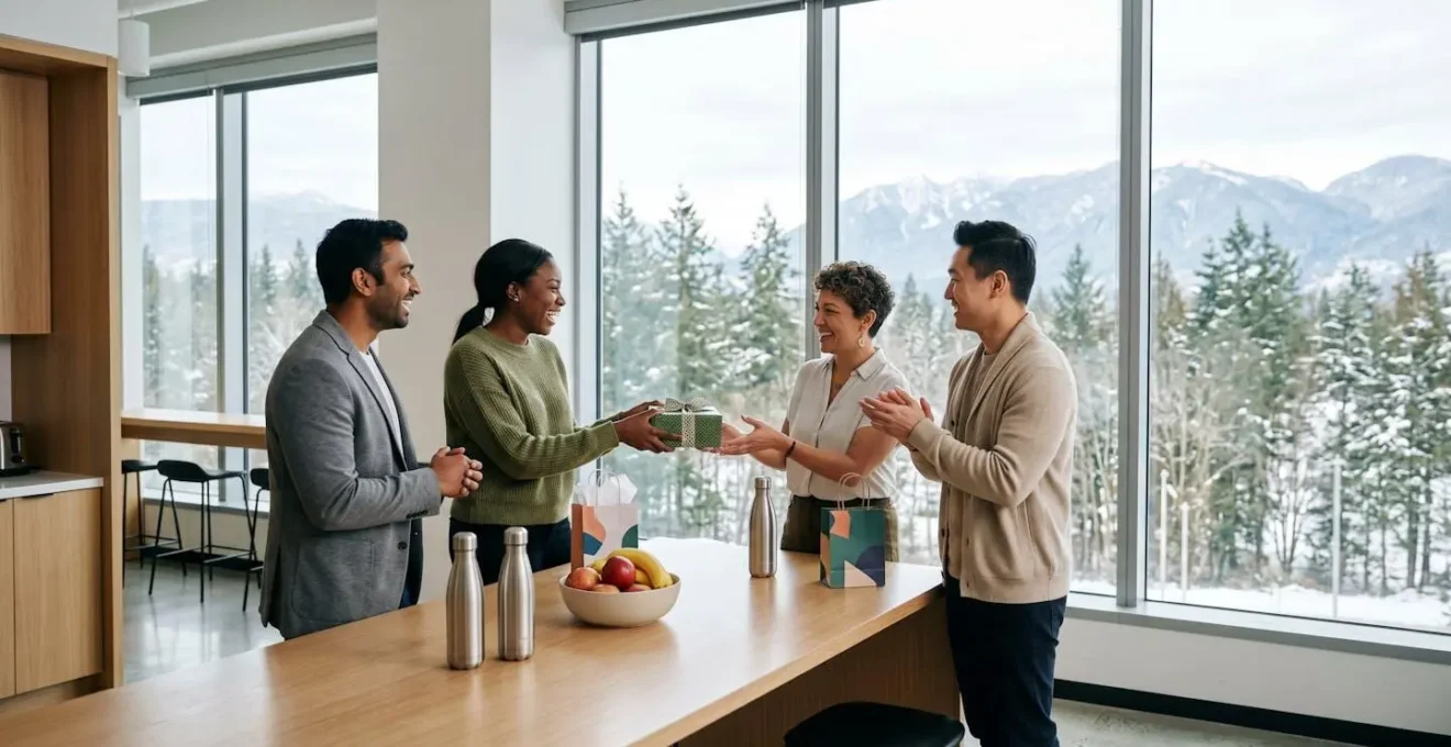 Corporate team celebrating a wellness achievement milestone together in a modern Canadian office setting